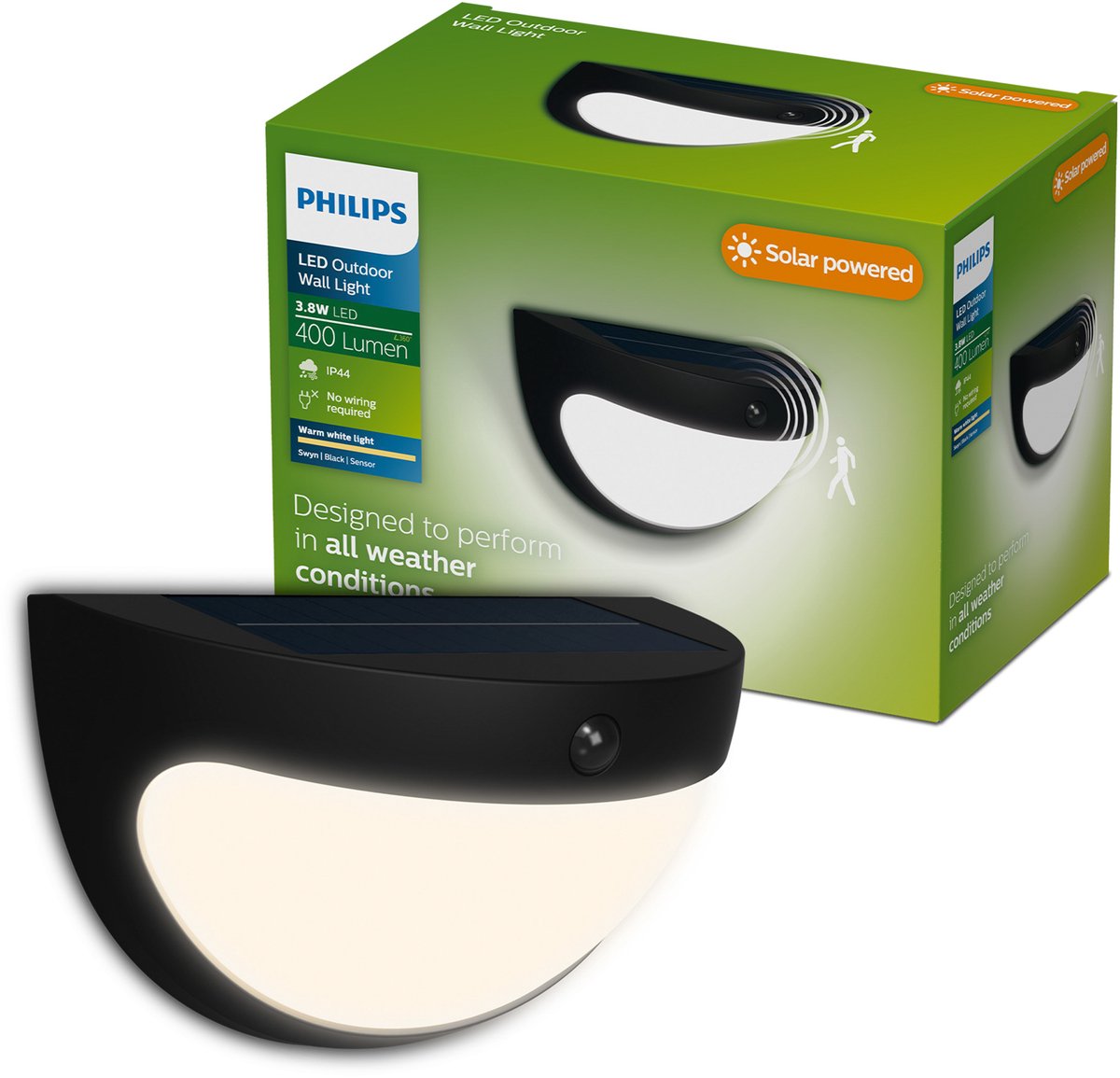 Philips led philips swyn solar wandlamp - zonne-energie - warmwit licht: 2700k - zwart - twee lichtstanden - schemersensor - bewegingssensor - ip44: weerbestendig - solar buitenverlichting