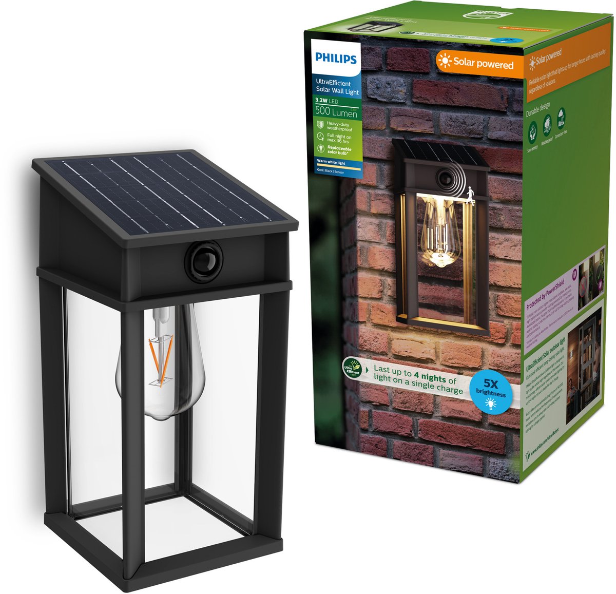 Philips led philips geri wandlamp - ultraefficient led - solar buitenlamp - warmwit licht 2700k - zwart - rechthoekig ontwerp - bewegingssensor - zonne-energie - schemersensor