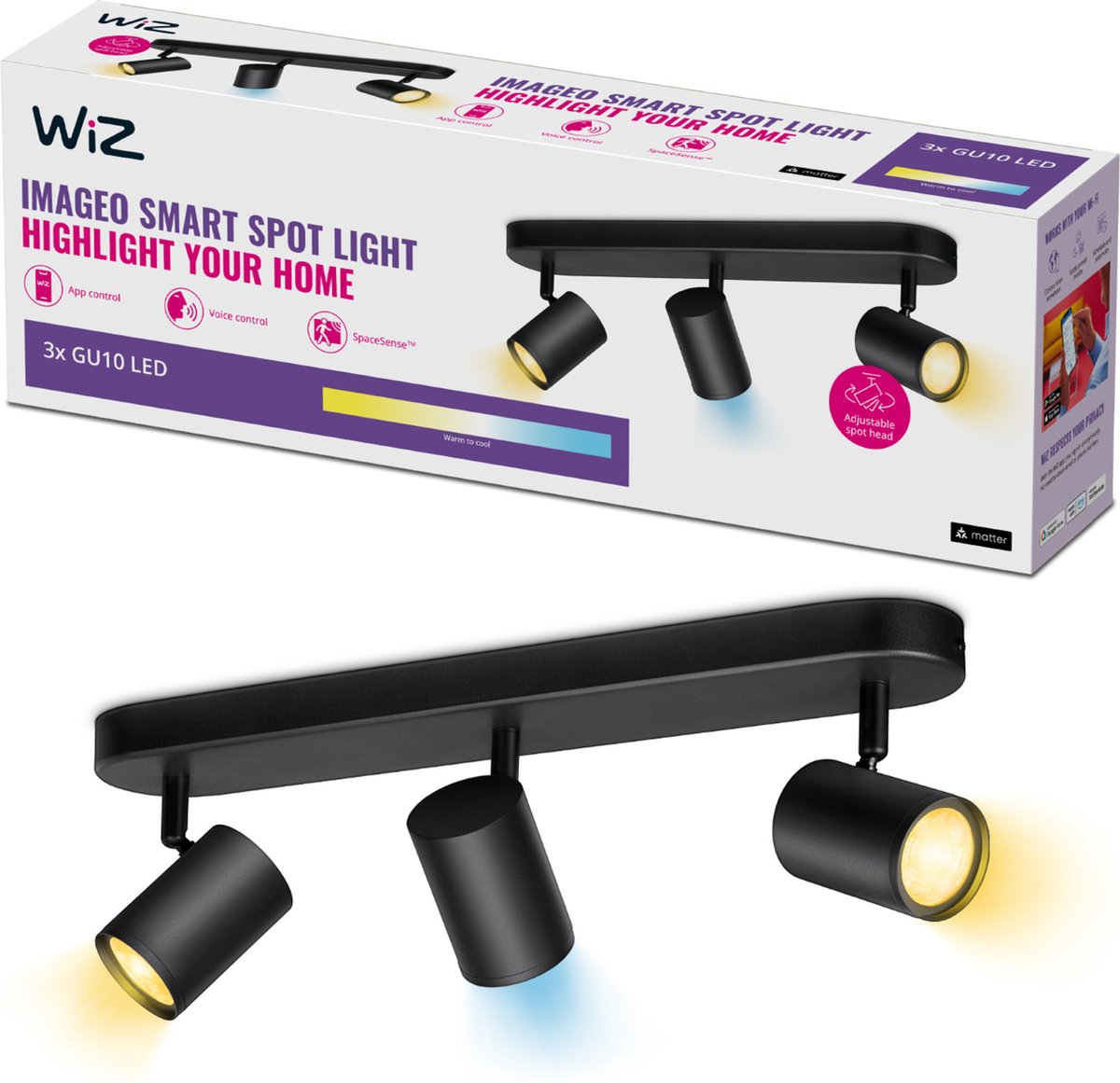 Wiz plafondlamp imageo - opbouwspot - 3 spots - warm- tot koelwit licht - slimme led verlichting - gu10 fitting - 3x 5w - zwart - wi-fi