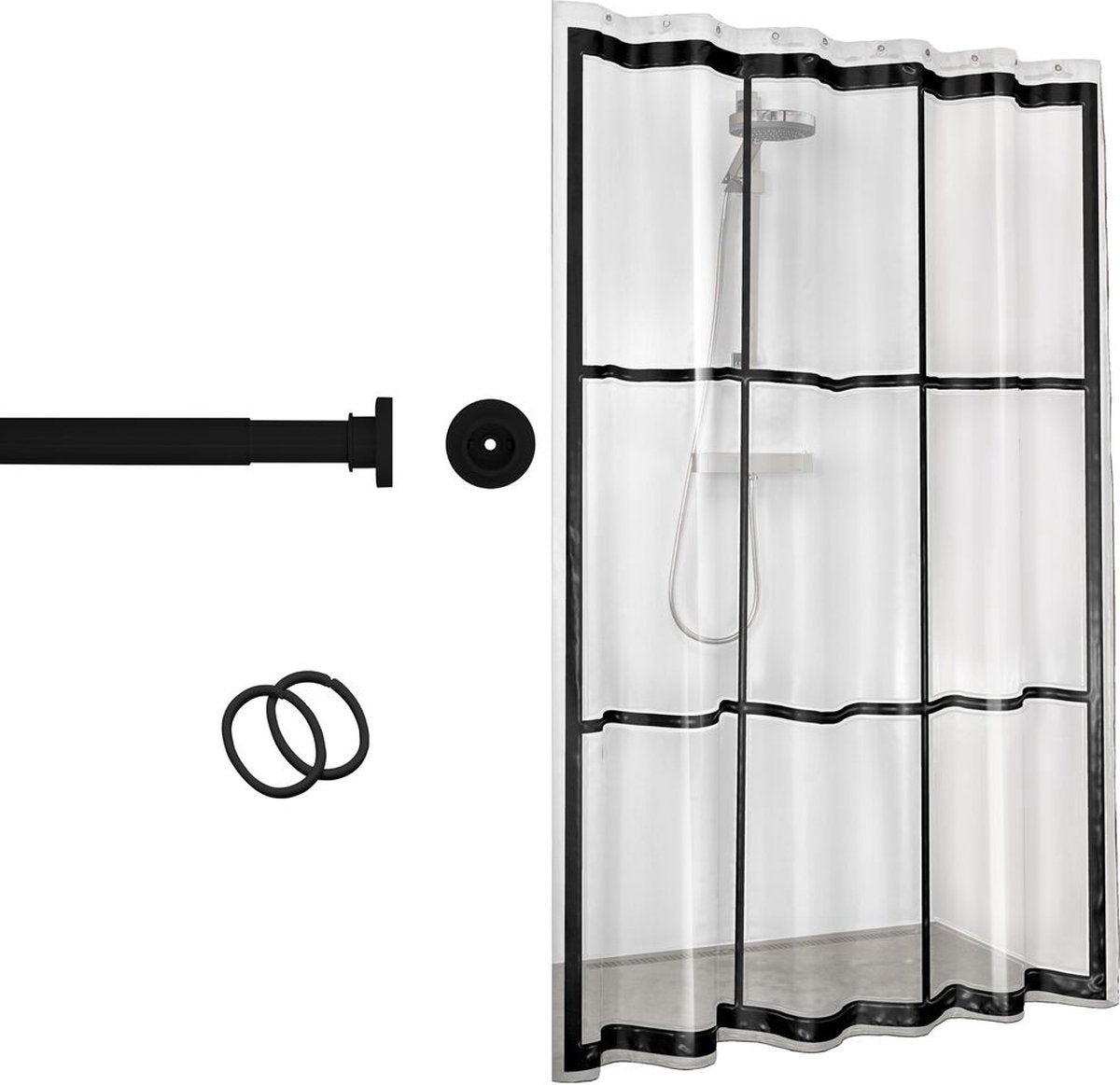 Sealskin seallux - douchegordijnstang 80-130 cm met douchegordijn 180x200 cm inclusief 12 ringen - zwart transparant