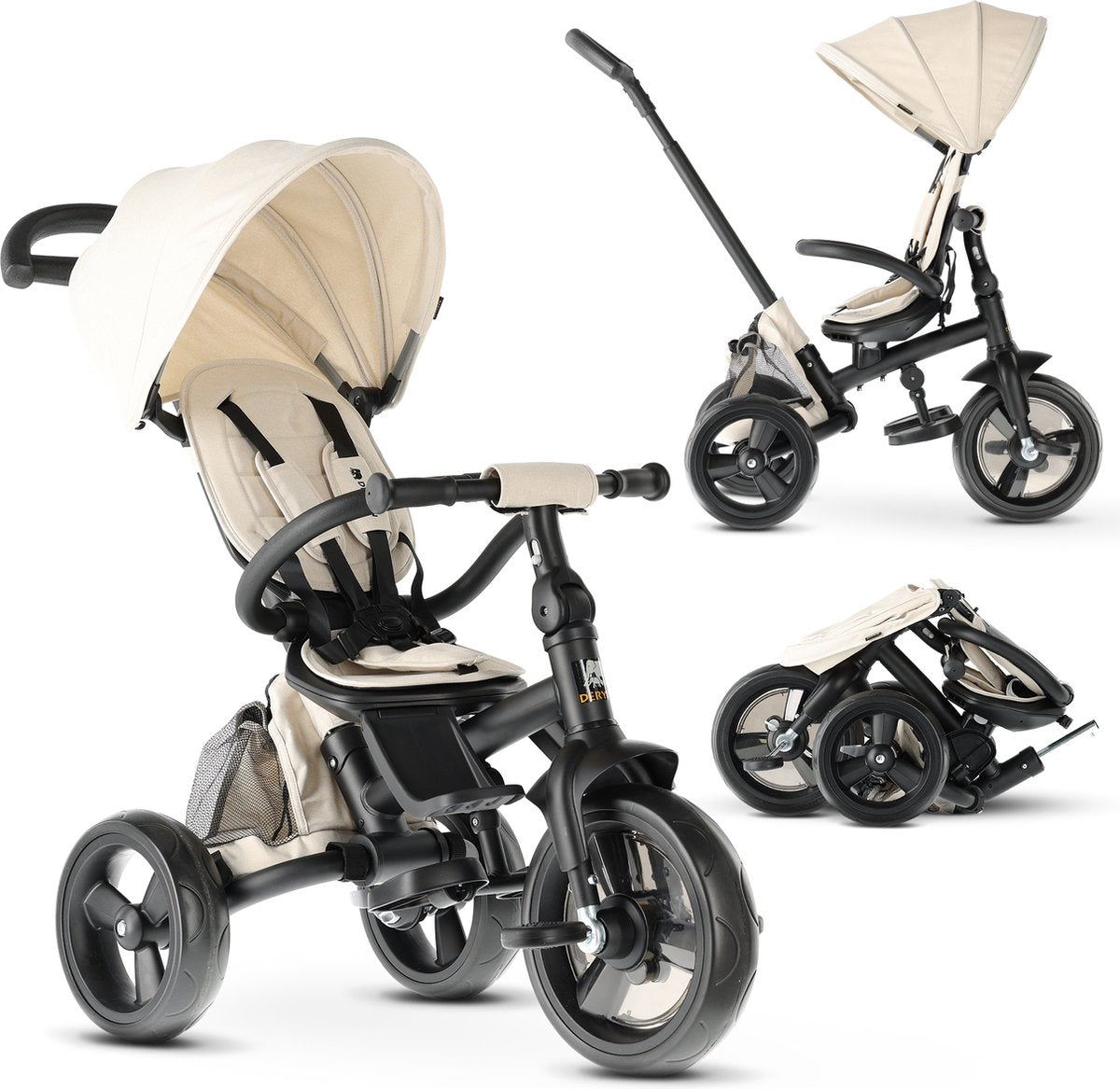 Deryan explorer driewieler - duwstang - opvouwbaar met mandje - nougat