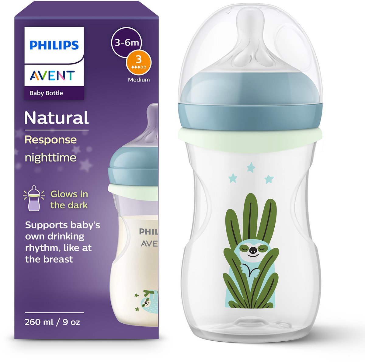 Philips avent natural response nighttime babyfles 260 ml – flow 3 – antikramp – glow-in-the-dark fles - scy903 81