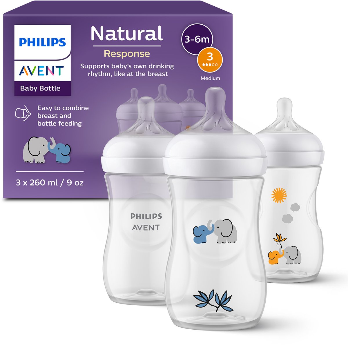 Philips avent natural response babyflessen 260ml – flow 3- 3 flessen - scy903 63