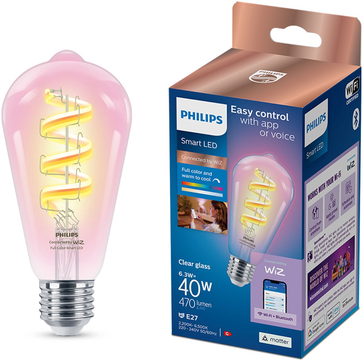 Philips smart lighting - edison filament - slimme led-verlichting - gekleurd en wit licht - e27 - transparant - 40w - wi-fi