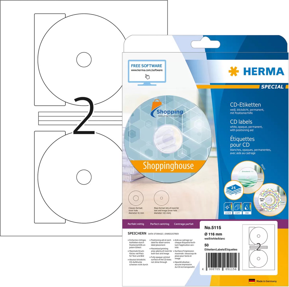 Merkloos sans marque herma 5115 cd dvd etiket 116mm wit - 50 etiketten