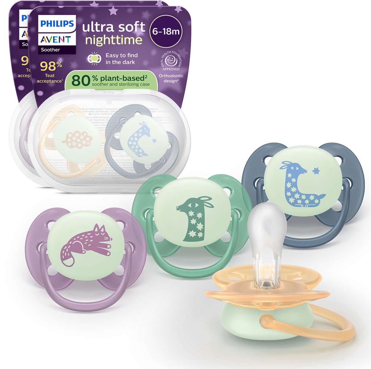 Philips avent ultra soft nighttime - 6 tot 18 maanden - glow-in-the-dark fopspeen - 4pack - scf094 08