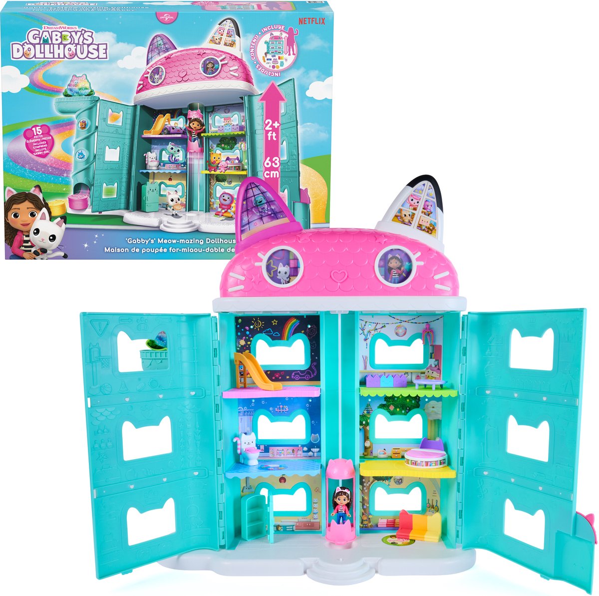 Gabby's poppenhuis gabby's dollhouse - dreamworks gabby's dollhouse gabby's miauw-eldige poppenhuis meer dan 60 cm hoog en inclusief 15 onderdelen met lenticulaire ogen speelgoedfiguurtjes en speelgoed voor fantasiespel