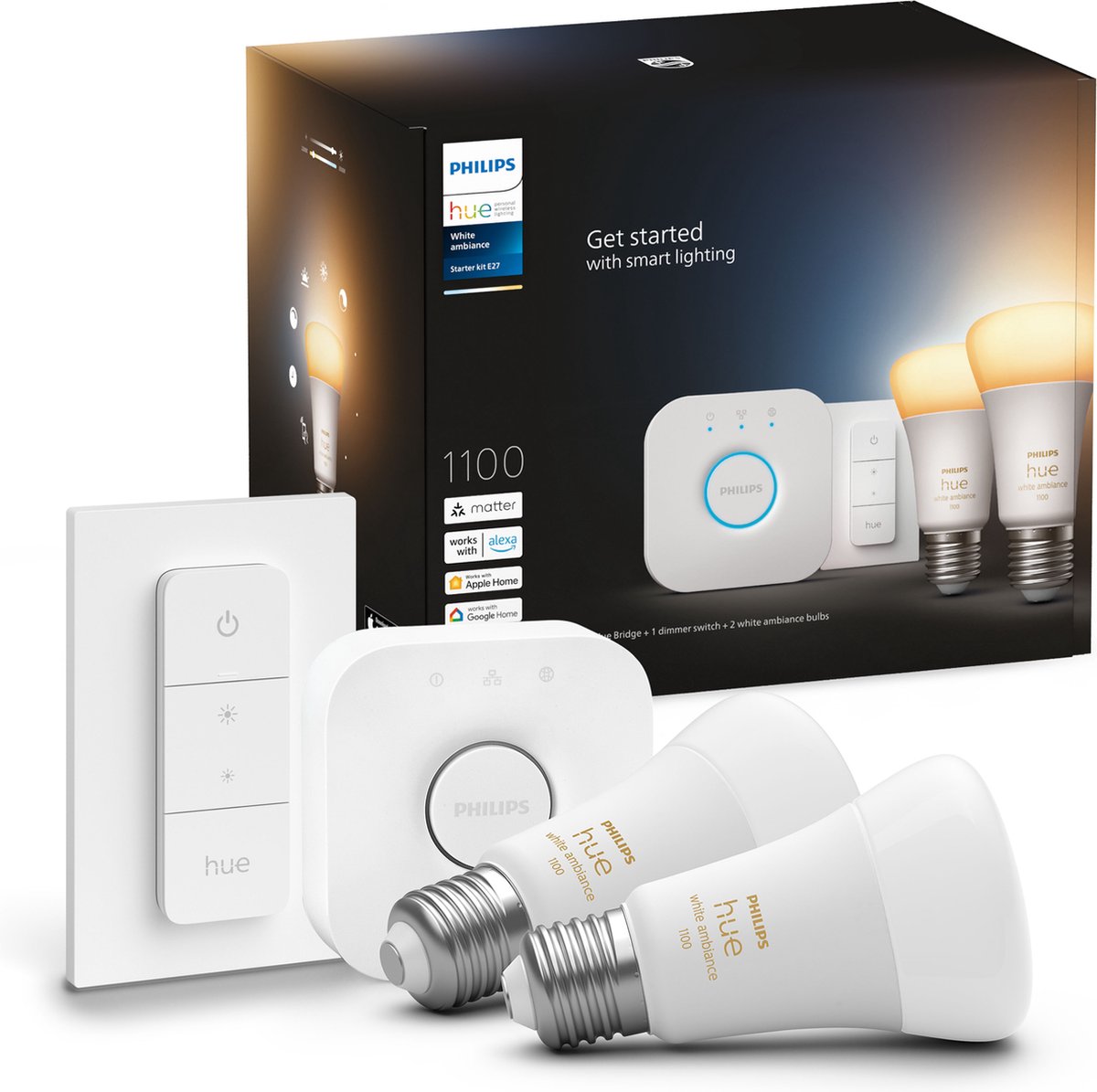 Philips hue starterkit - warm tot koelwit licht - 2 lampen - e27 - 1100lm - 1 dimmer switch