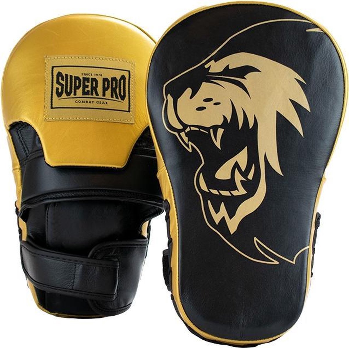 Super pro combat gear handmitts long curved leder zwart goud