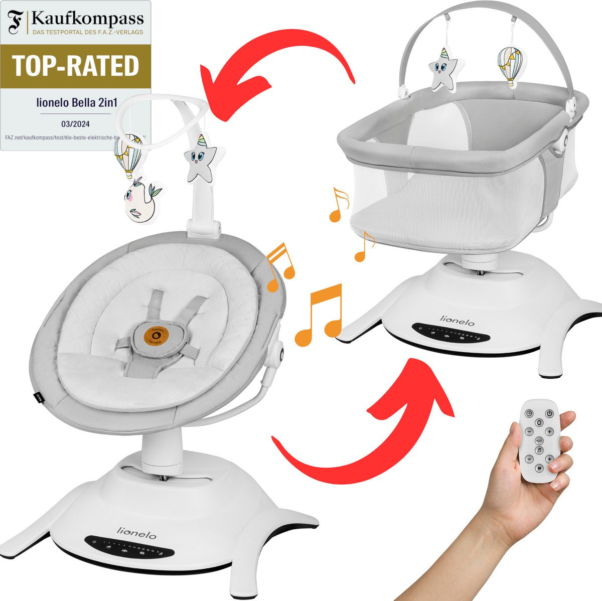 Lionelo bella set 2in1 – wipstoel reiswieg – 360° draaibare zitting – elektrische 6 schommelstanden – 5 snelheden – rugleuning 3 posities – bewegingssensor – nachtmodus – 12 melodieën – bamboe kussen – afstandsbediening – wasbare hoezen – tot 9 kg