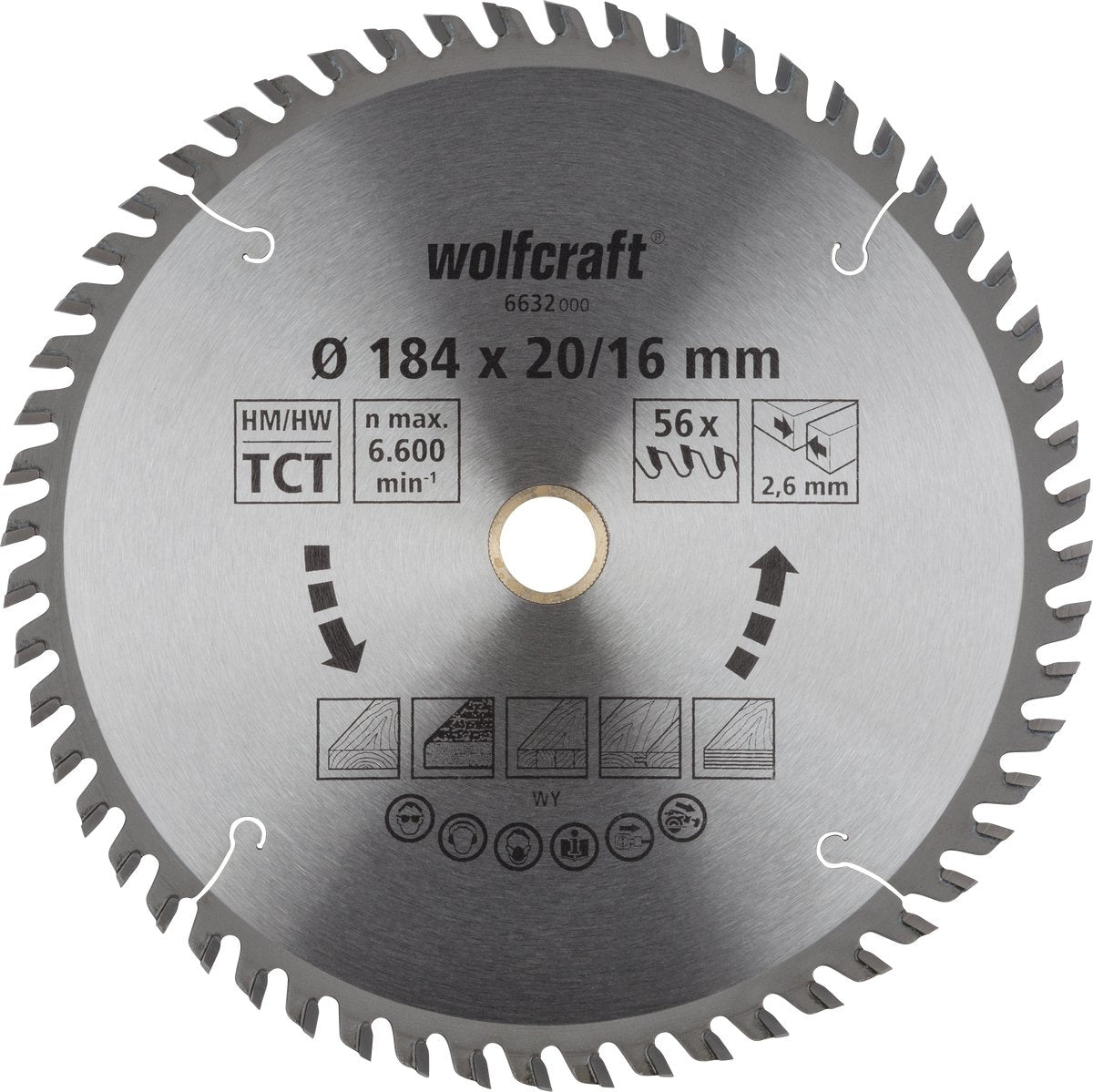 Wolfcraft - cirkelzaagblad 184 mm - 56 tanden - 20 16 mm boring - voor cirkelzaag - 6632000