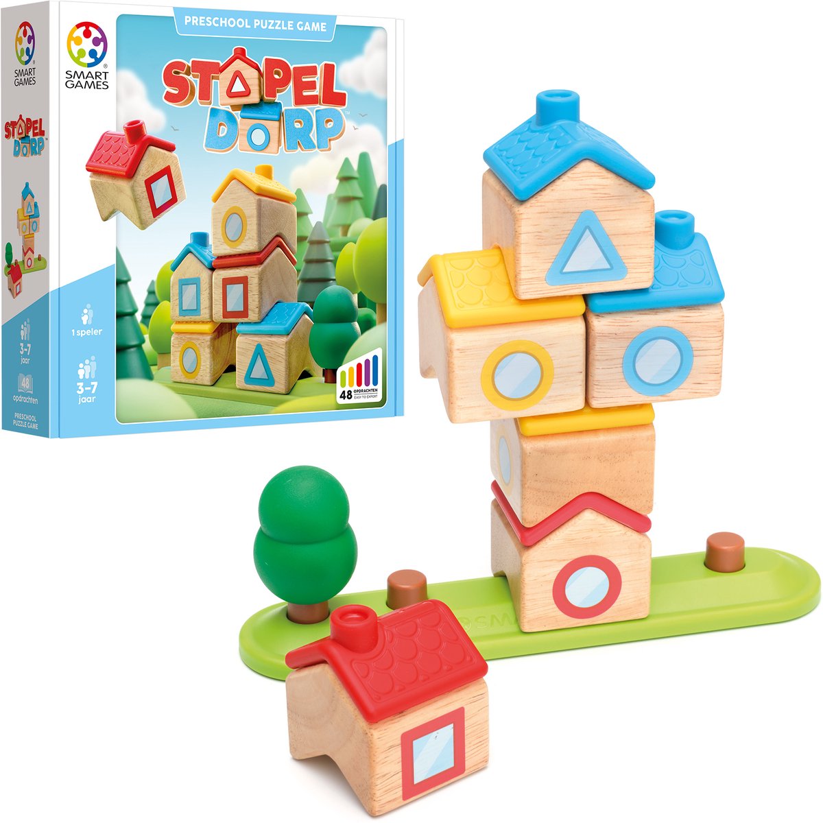 Smartgames stapel dorp - houten logisch denkspel - 48 ruimtelijke bouwuitdagingen - educatief solospel voor kleuters - vanaf 3 jaar