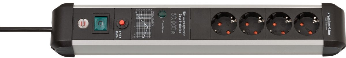 Brennenstuhl premium-protect-line 60.000a stekkerdoos met overspanningsbeveiliging 4-voudig 3m h05vv-f 3g1,5