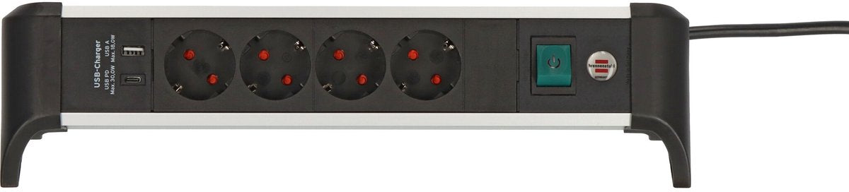 Brennenstuhl alu-office-line stekkerdoos met usb power delivery usb-laadfunctie 4-voudig 1,8 m h05vv-f 3g1.5