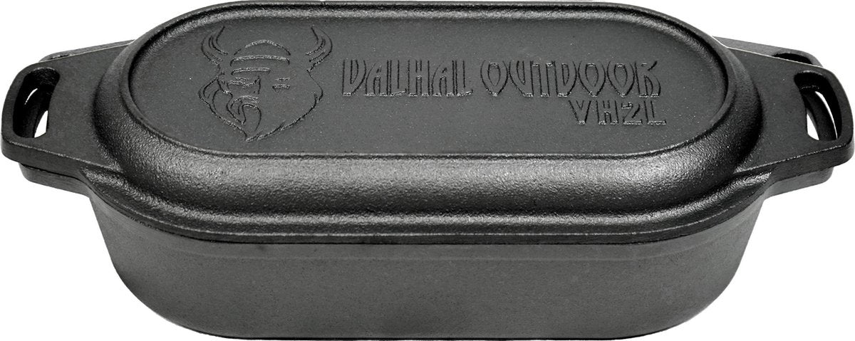Valhal outdoor - braadpan dubbele skillet 2l - kleine dutch oven, gietijzer, ovaal, grillpatroon, vh2l