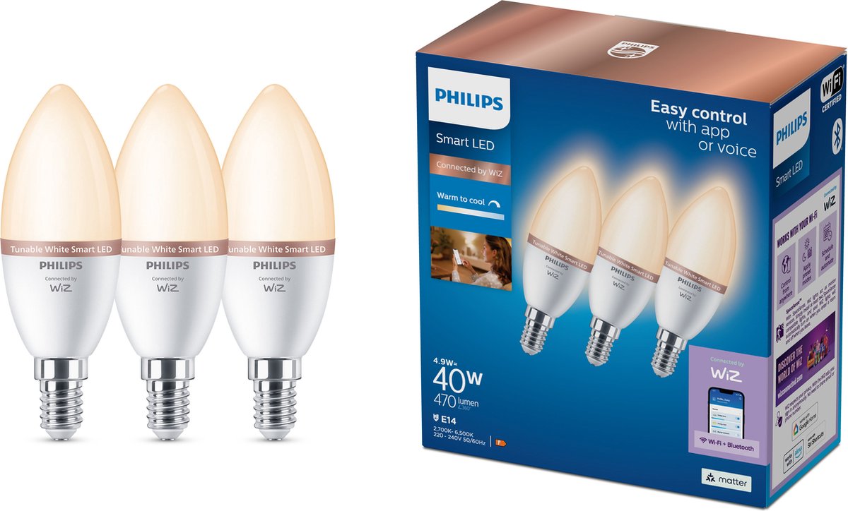 Philips smart lighting - kaarslamp 3-pack - slimme led-verlichting - warm- tot koelwit licht - e14 - 40w - mat - wi-fi