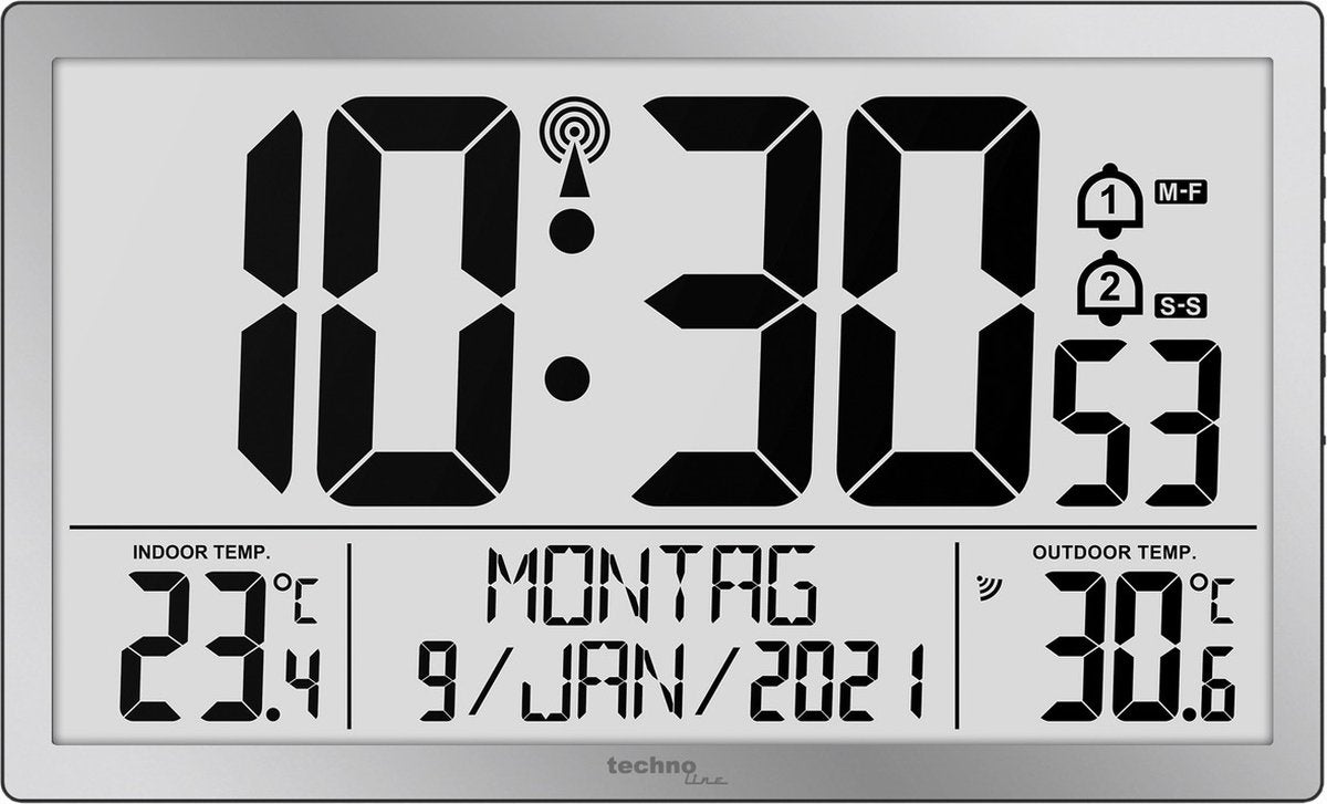 Technoline ws 8113 - wandklok - digitaal - rechthoek - radiogestuurde tijdsaanduiding en handmatig - 12 24 - datumaanduiding - 7 talen - binnen- en buitentemperatuur - 2 alarms - snooze - kunststof - cijfers - zilverkleurig