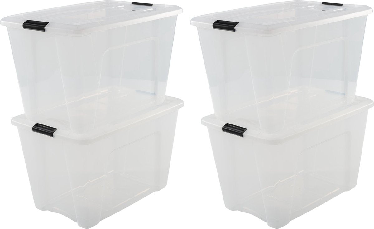 Iris topbox opbergbox - 60l - kunststof - transparant zwart - set van 4