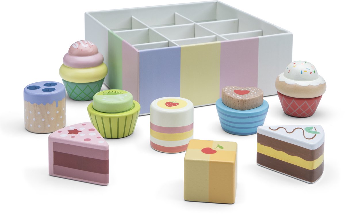 Woet ® houten speelgoed gebakjes set - 9 stuks taartjes en cupcakes - speelgoedeten voor kinderen - rollenspel keukenspeelgoed - vanaf 2 jaar