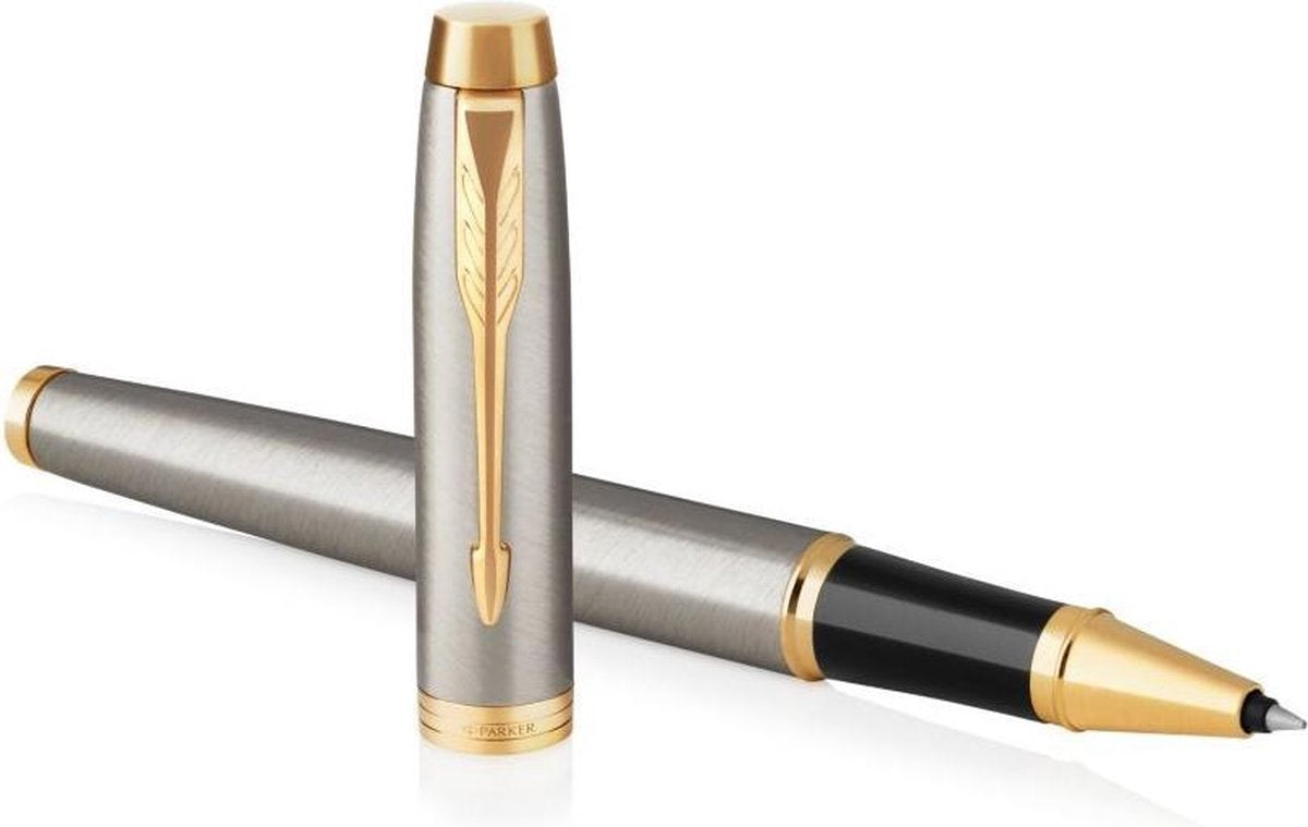 Parker im-rollerballpen | geborsteld metaal met gouden afwerking | fijne penpunt | zwarte inkt | geschenkverpakking