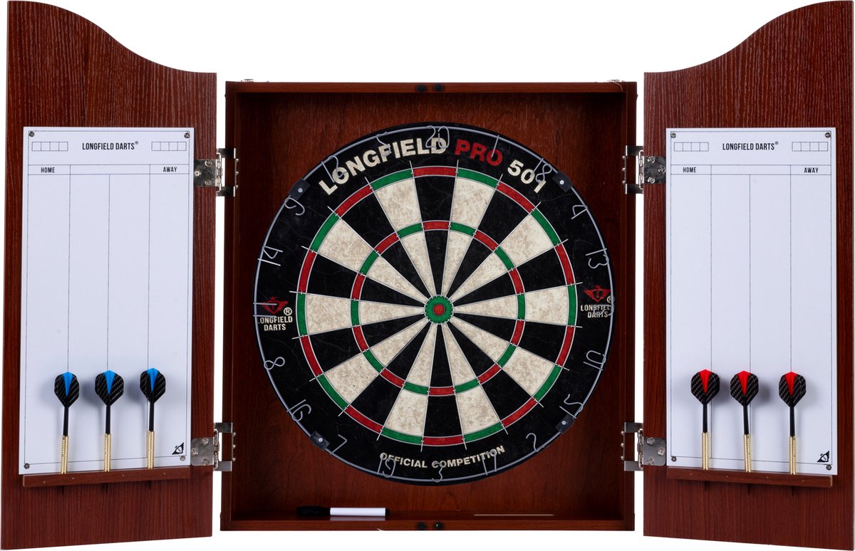 Engelhart dart cabinet hout rood bruin – sisal dartbord – 6 steeltip darts 18 g – marker wisser – wedstrijdbord – beschermt muur en dartbord – longfield