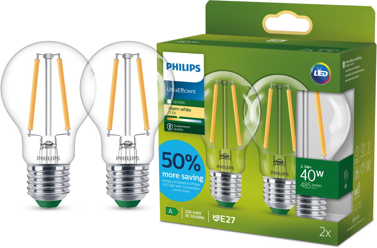 Philips led energiezuinige lamp transparant - 40 w - e27 - warmwit licht - 2-pack - bespaar op energiekosten