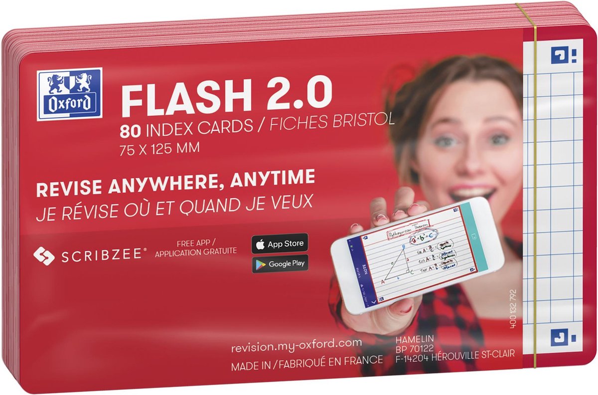 Oxford flash 2.0 - flashcards - geruit 5mm - a7 - rode rand - 80 stuks