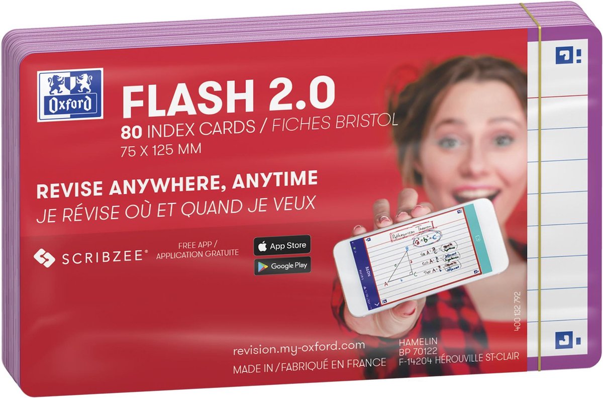 Oxford flash 2.0 - flashcards - gelijnd - a7 - licht paarse rand - 80 stuks