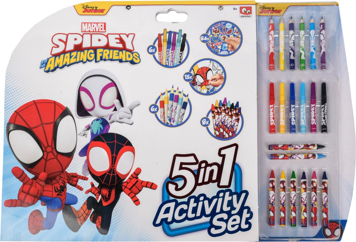 Spidey disney - - 5 in 1 activity set - tekenset met kleurstiften kleurpotloden waskrijtjes stickers en kleurplaten (113-delig)