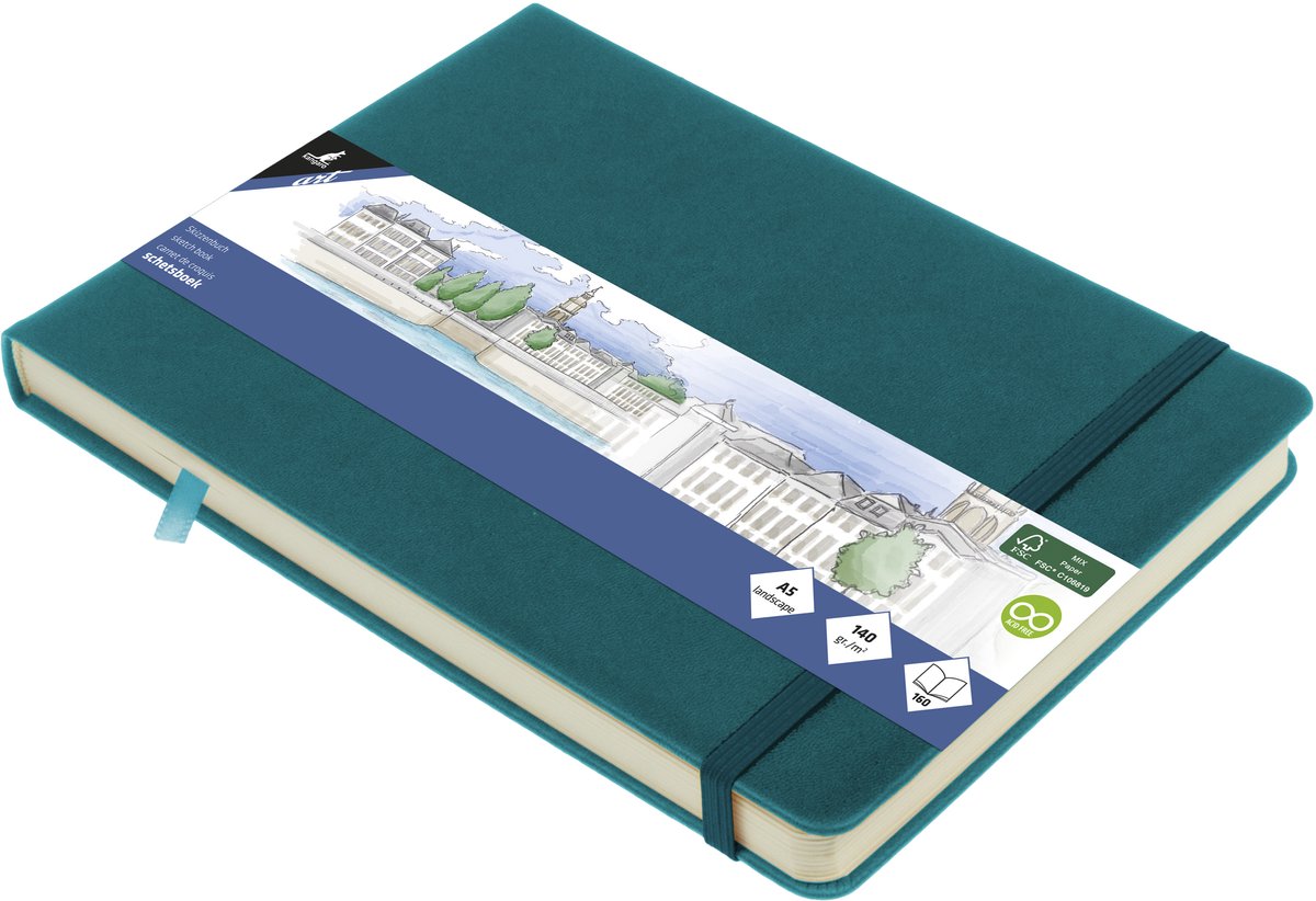 Kangaro schetsboek - a5 landscape - dark turquoise - met elastiek en lint - k-861314