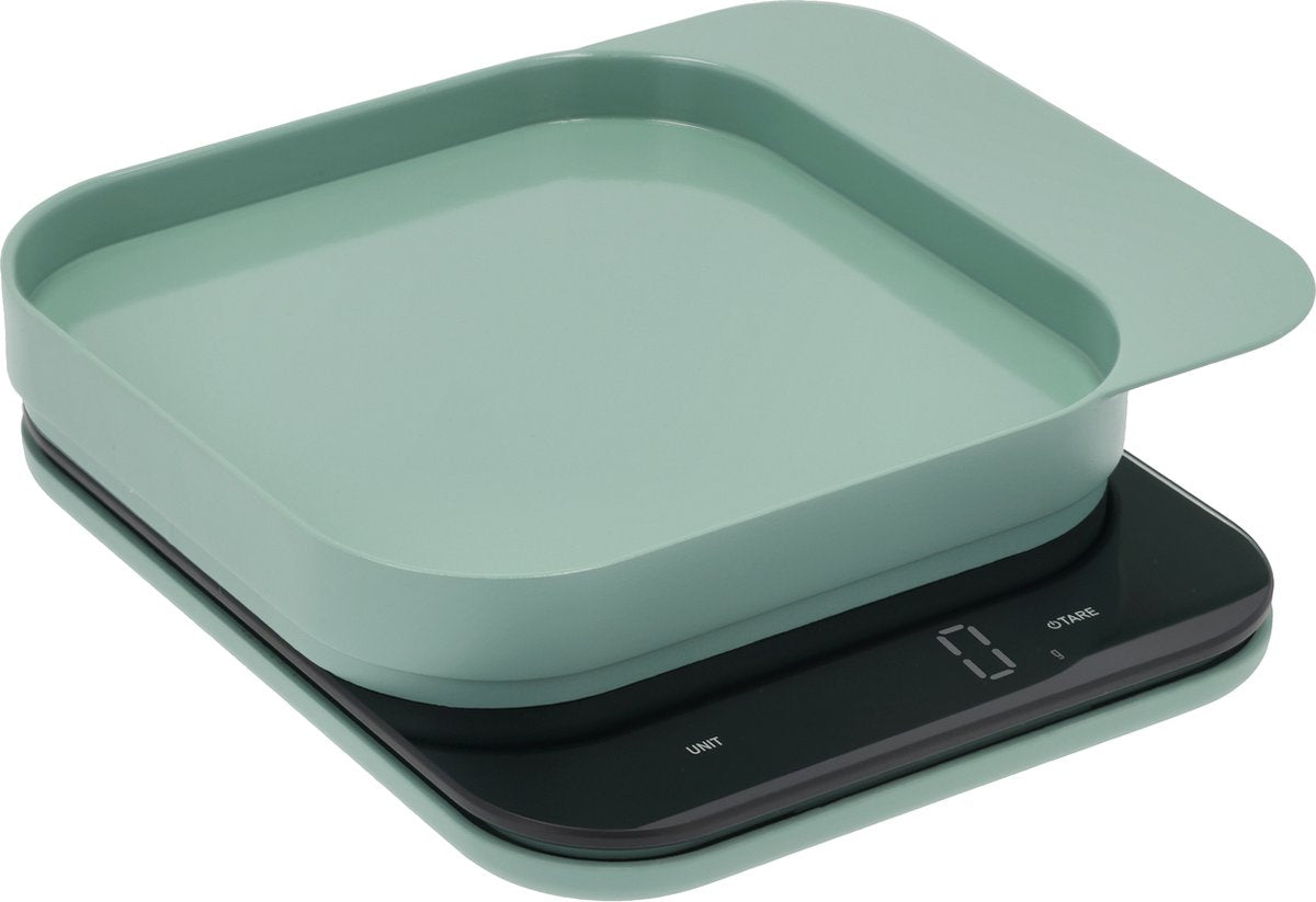 Rosti mensura keukenweegschaal nordic green - led display - materiaal abs - 300 ml inhoud - 5 jaar garantie - werkt op aaa-batterijen - vaatwasserbestendig