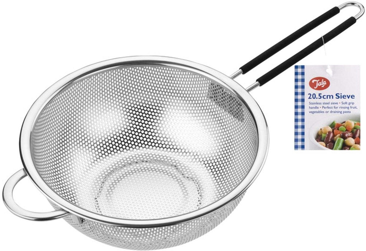 Tala – rvs zeef met soft grip handvat – ø20 cm – zilver zwart – roestvrij staal – comfortabele greep – vaatwasserbestendig – voor bloem, suiker, pasta groenten