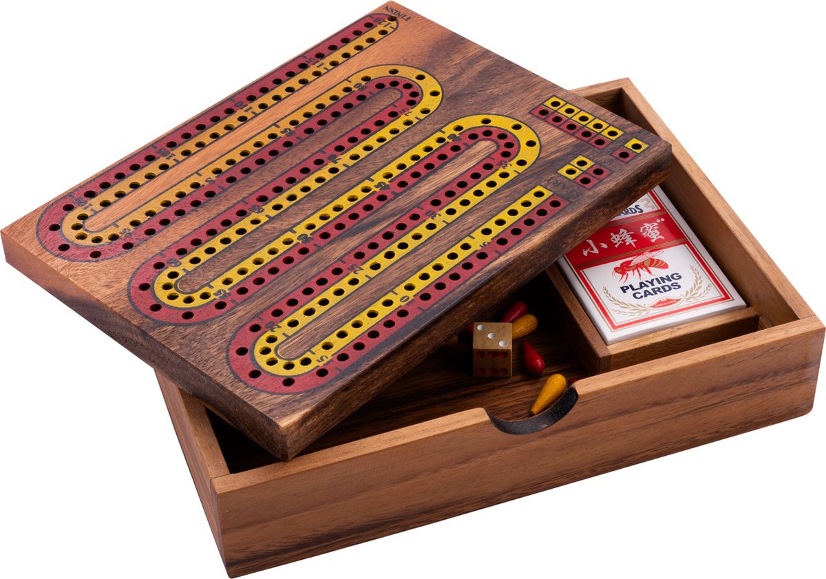 Engelhart cribbage – houten kaartspel met bord – acaciahout – 52 kaarten pinnen – klassiek spel –