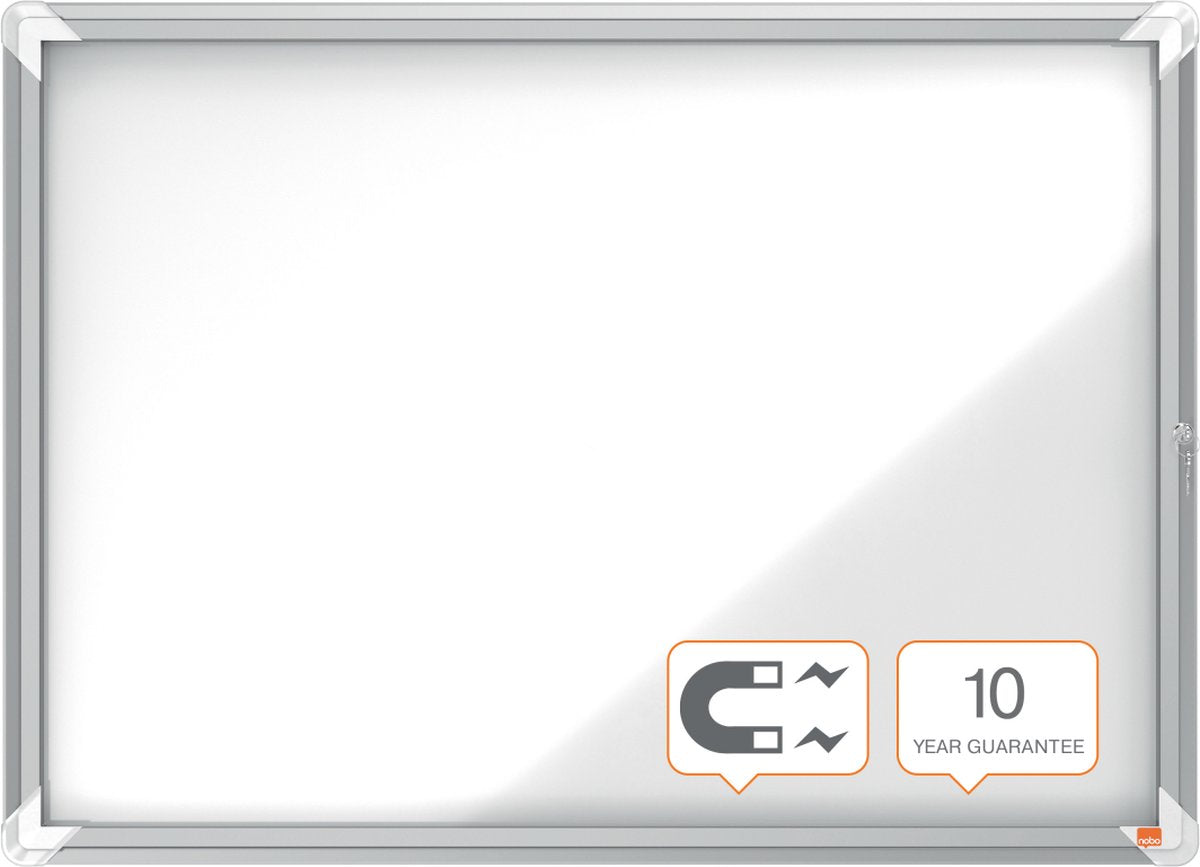 Nobo premium plus afsluitbare glazen binnenvitrine magnetisch met zijslot- 8xa4 formaat - zilver wit