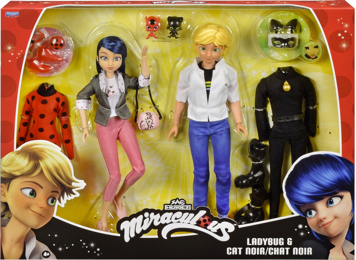 Bandai - miraculous - pack 2 marinette en adrien poppen met 2 lieveheersbeestje black cat outfits, accessoires - miraculous 2 beeldjes 26cm cadeau-idee voor kinderen - speelgoed voor kinderen van 4 jaar en + - p50359
