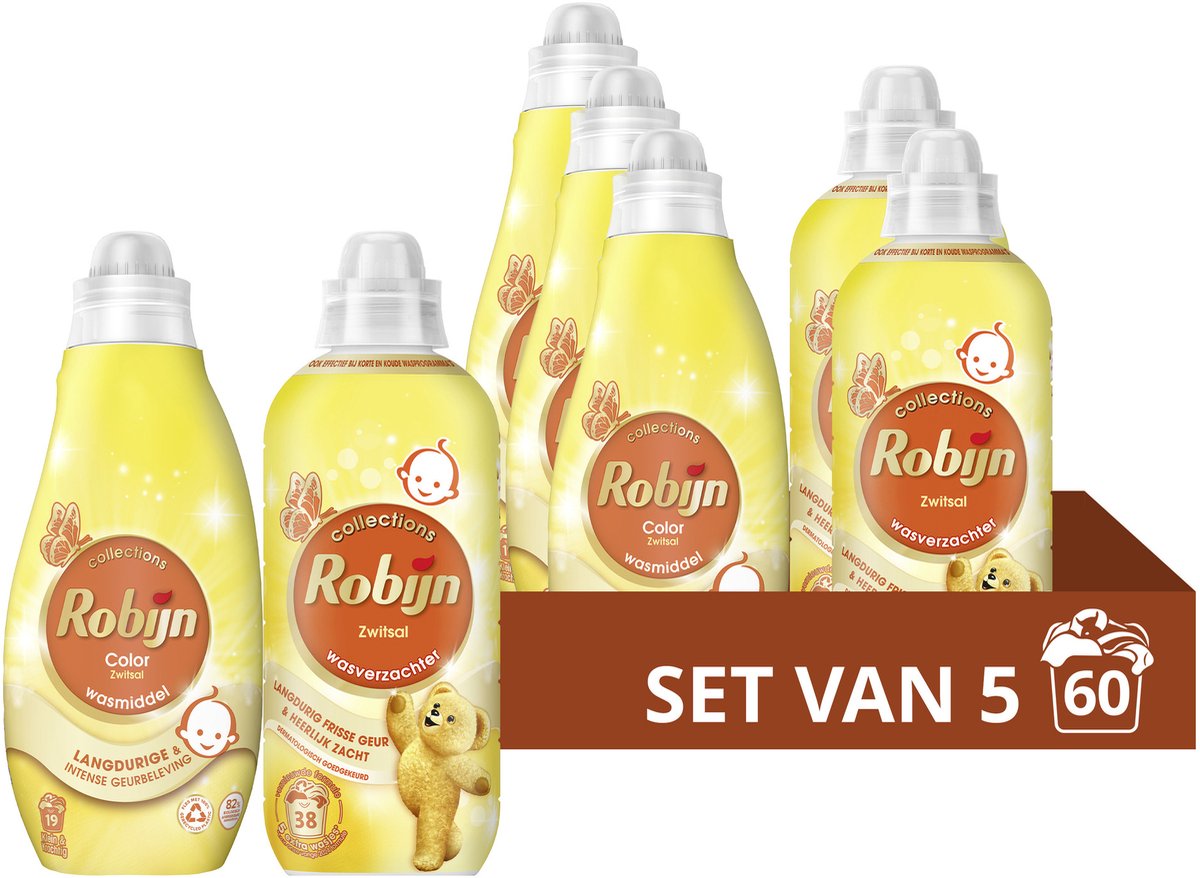 Robijn - wasmiddel en wasverzachter pakket - zwitsal - 5 stuks - (60 wasbeurten) - voordeelverpakking