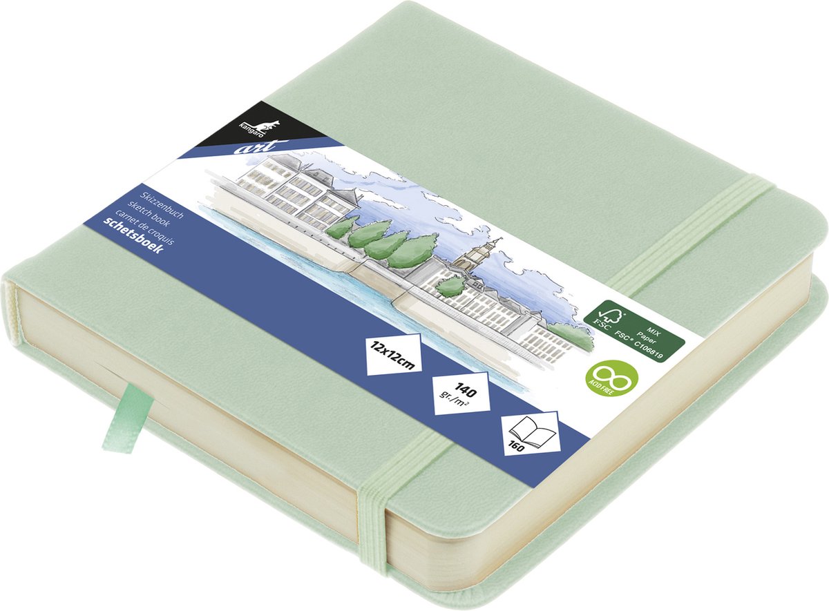 Kangaro schetsboek - 12x12cm - mint - pu hardcover - met elastiek en lint - k-861204