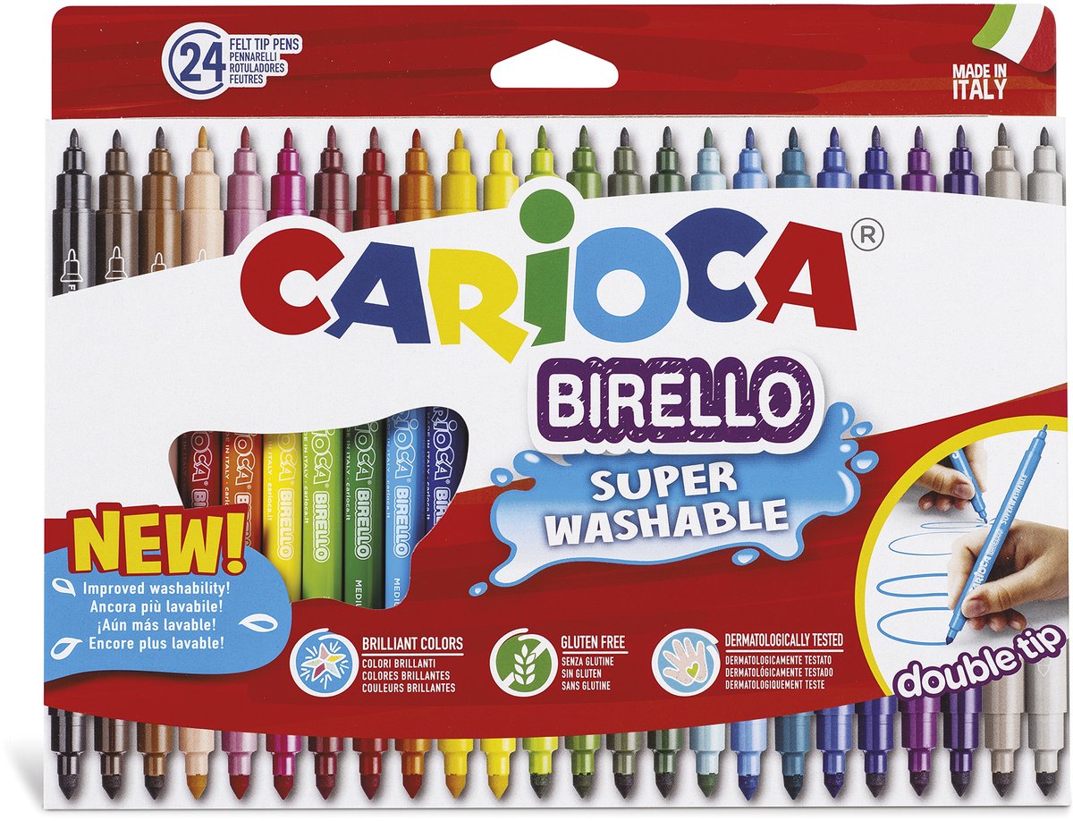 Carioca birello dubbelpunt viltstiften - 24 kleuren - afwasbaar - fijne (2,6 mm) brede punt (4,7 mm) - kleurstiften voor kinderen
