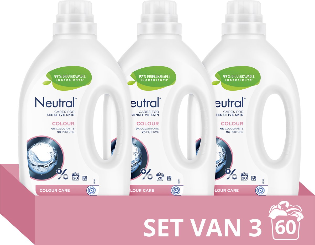 Neutral - vloeibaar wasmiddel - kleur - parfum vrij - 3 flessen - 60 wasbeurten - voordeelverpakking