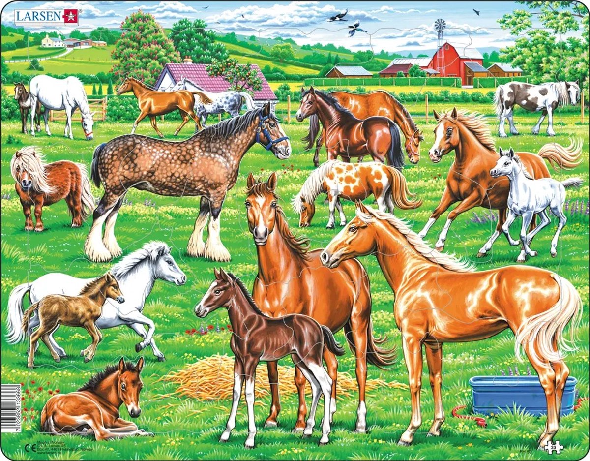 Larsen paardenrassen – puzzel – paarden – dieren – educatieve legpuzzel voor kinderen – 66 stukjes – gemaakt in noorwegen – extra dikke 2,5 mm stukjes – tray met vaste rand