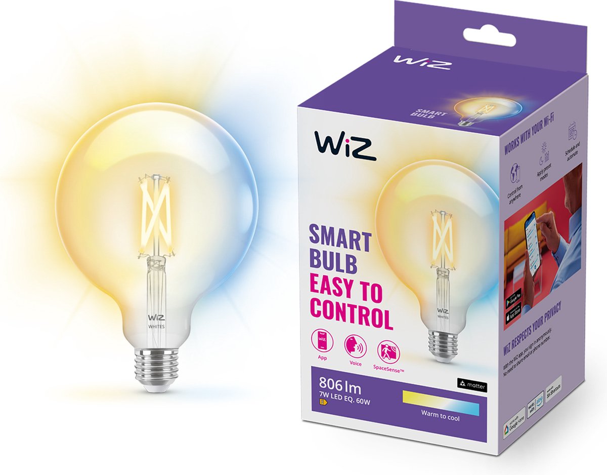 Wiz filament lamp globe - warm- tot koelwit licht - slimme led verlichting - e27 fitting - 60w - transparant - wi-fi - grote bol: g125
