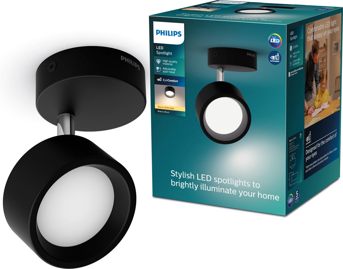 Philips led philips bracia single spot zwart 27k 1x5.5w 27k