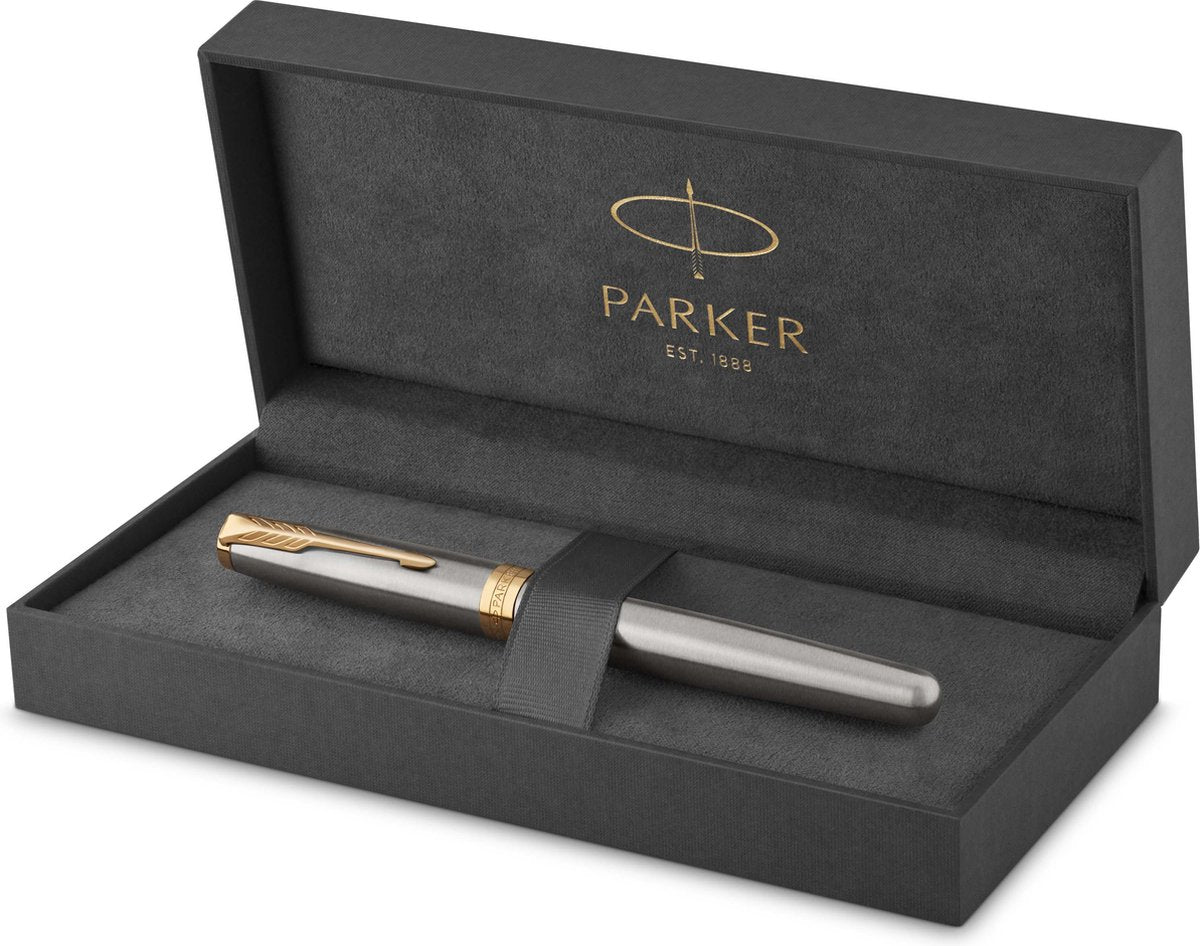 Parker sonnet rollerballpen | roestvrij staal met gouden trim | fijne punt zwarte inkt | geschenkverpakking