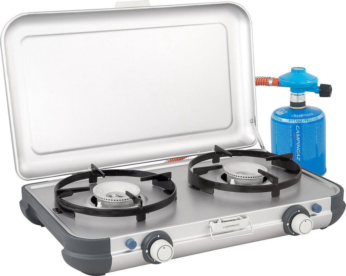 Campingaz camping kitchen 2 cv pz camping kooktoestel - 2 pits camping gas kooktoestel - 2x 2000 watt - piezo ontsteking - werkt op cv470+ gascartouche - lichtgewicht camping kooktoestel 2 pits - voor 2 pannen van 24 cm - zilvergrijs