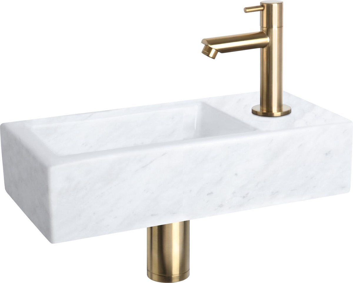 Differnz helios fonteinset - 37.5x18.5x9.5cm - rechthoek - 1 kraangat - recht matte gouden kraan - mineraalsteen marmer