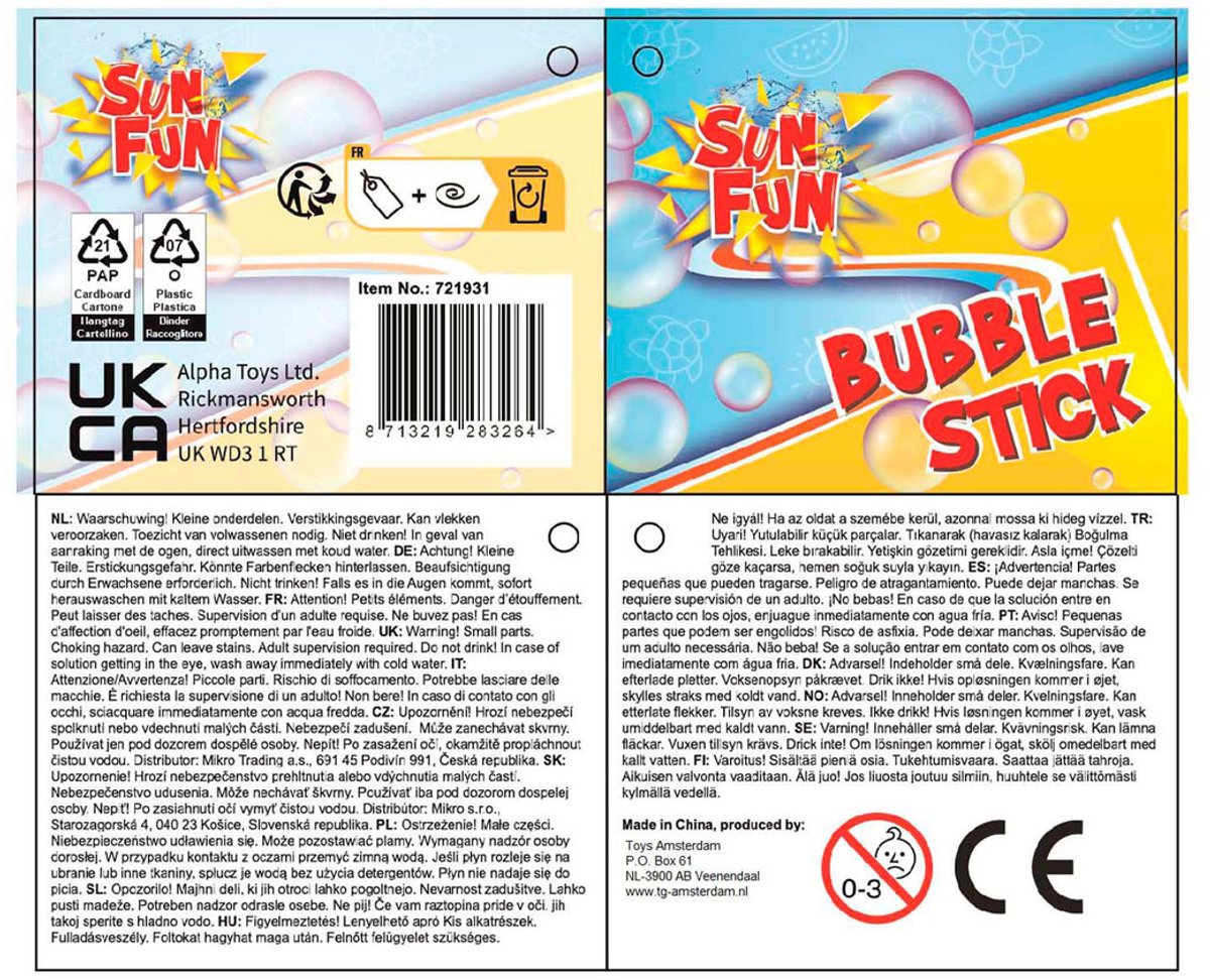 Van manen sun fun bellenblaas stick 120ml 37cm, 24st.