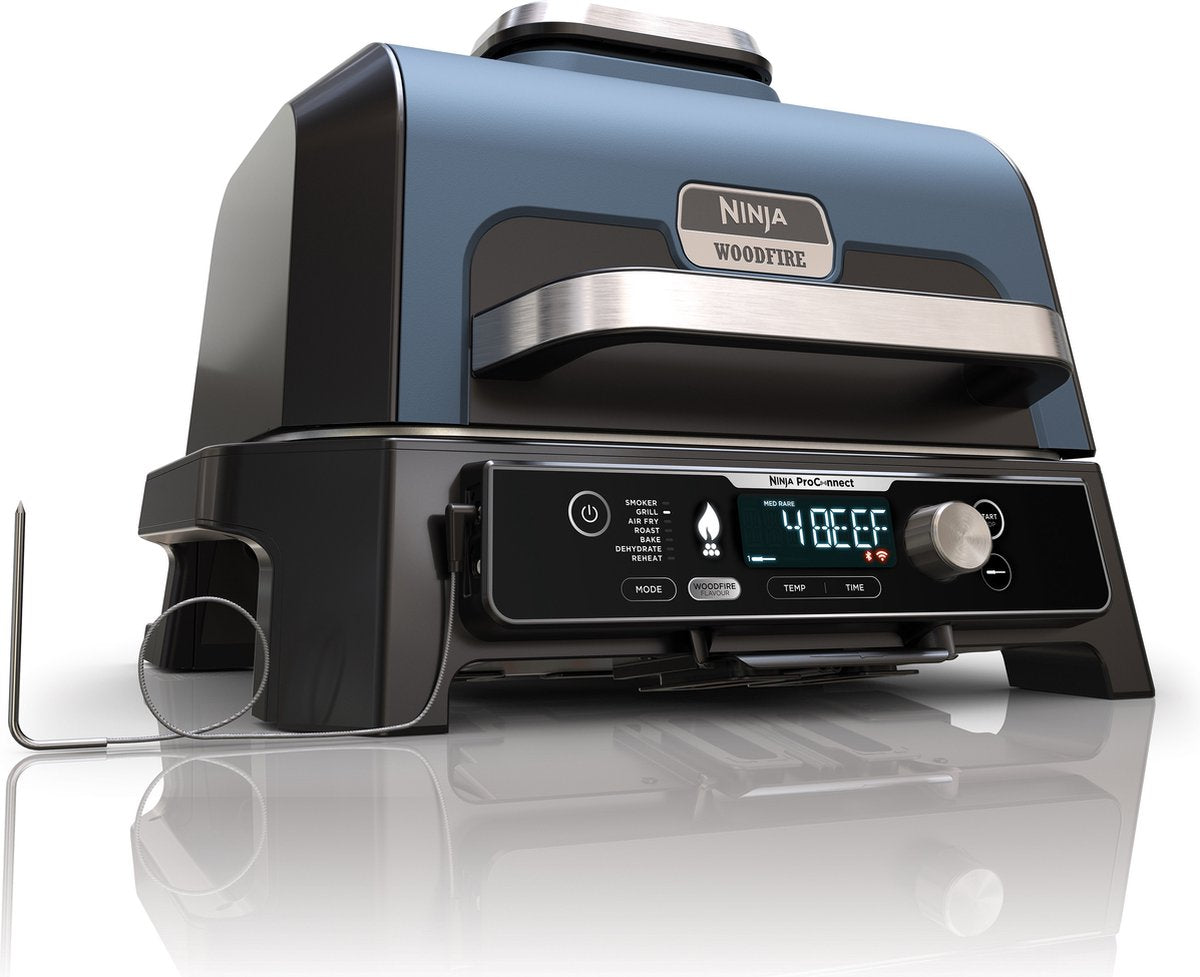 Ninja woodfire pro connect xl - 7-in-1 elektrische smart bbq grill en smoker - inclusief digitale braadthermometer - connect app - og901eu