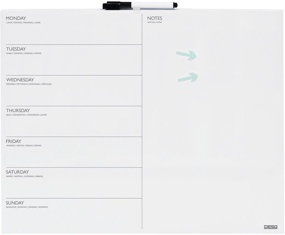 Desq ® weekplanner - whiteboard - frameloos - magnetisch - droog uitwisbaar - verticale indeling - 40 x 50 cm