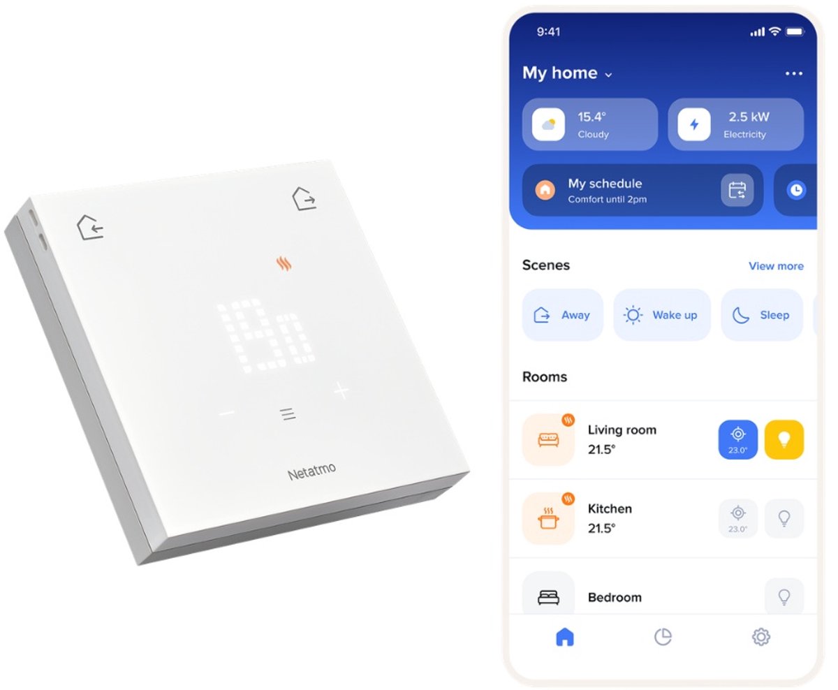 Netatmo slimme thermostaat original – bedrade smart thermostaat – app bediening, energiebesparing verbruiksinzicht – matter compatibel – werkt met apple home, google home, alexa – wit