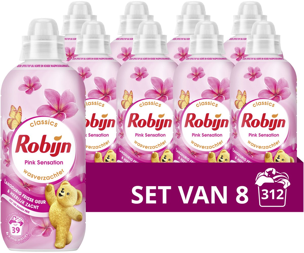 Robijn - wasverzachter - pink sensation - 8 flessen - 312 wasbeurten - voordeelverpakking